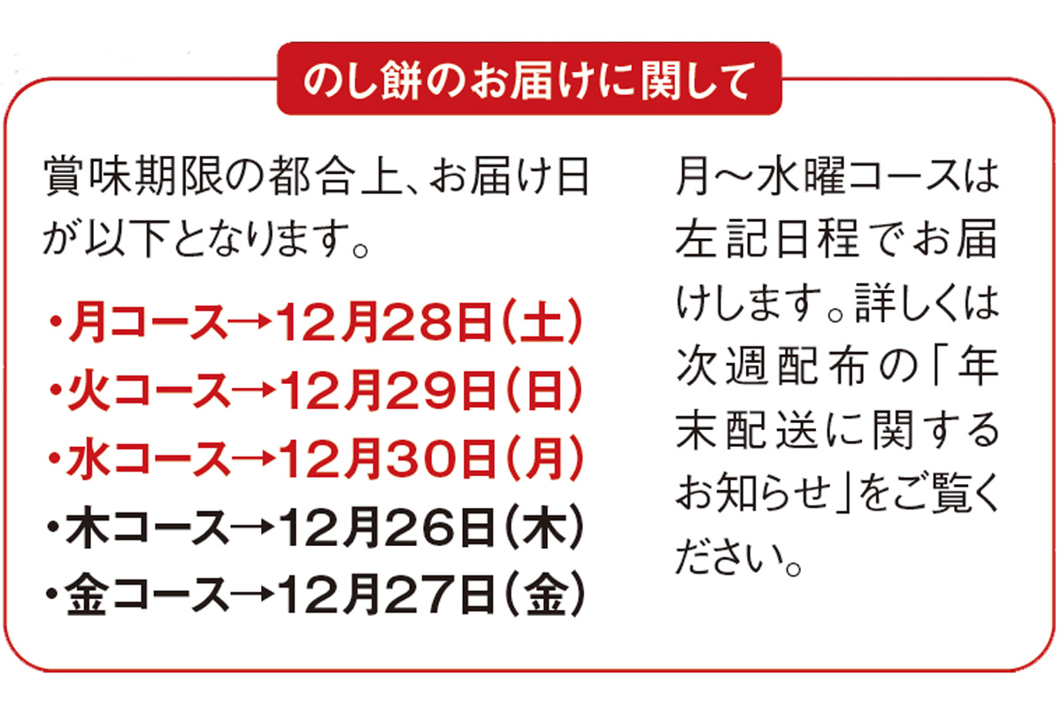 のし餅のお届けに関して 賞味期限の都合上、お届け日が以下となります。 ・月コース→12月28日(土) ・火コース→12月29日(日) ・水コース→12月30日(月) ・木コース→12月26日(木) ・金コース→12月27日(金) 月~水曜コースは左記日程でお届けします。詳しくは次週配布の「年末配送に関するお知らせ」をご覧ください。/>
		</div>
	</article>
</div>		
<!-- class=