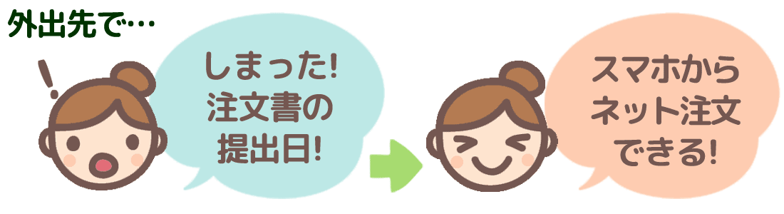 たとえば、外出先で注文書の提出日！→スマホからネット注文できる！