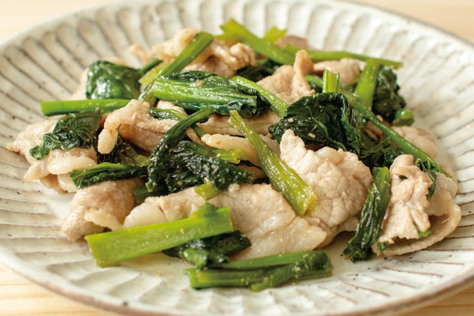 茶美豚肩ロースと小松菜で作った和風醤油炒め