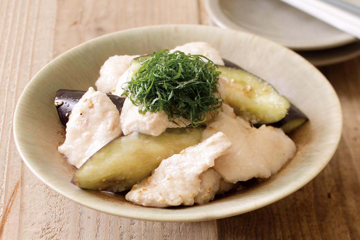 鶏肉と水なすの冷やし和え 三五八仕立て