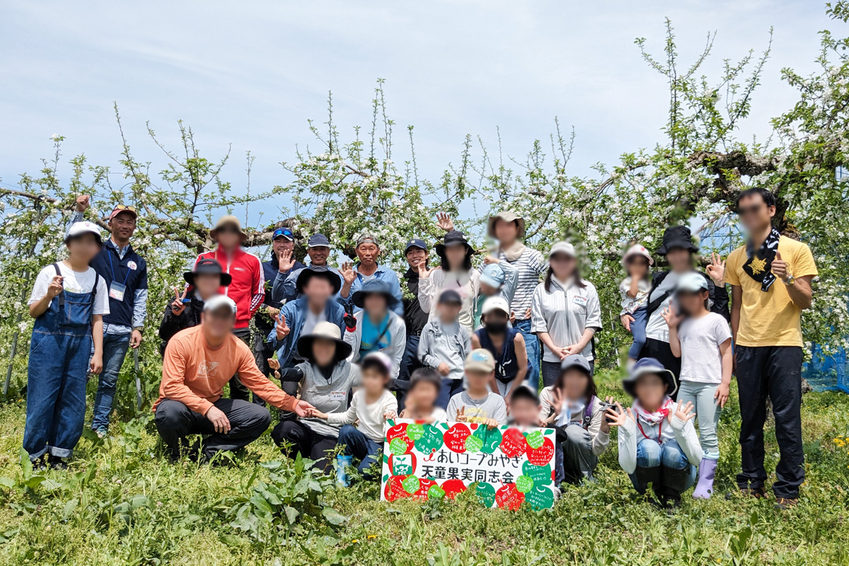 満開のりんごの花の前で