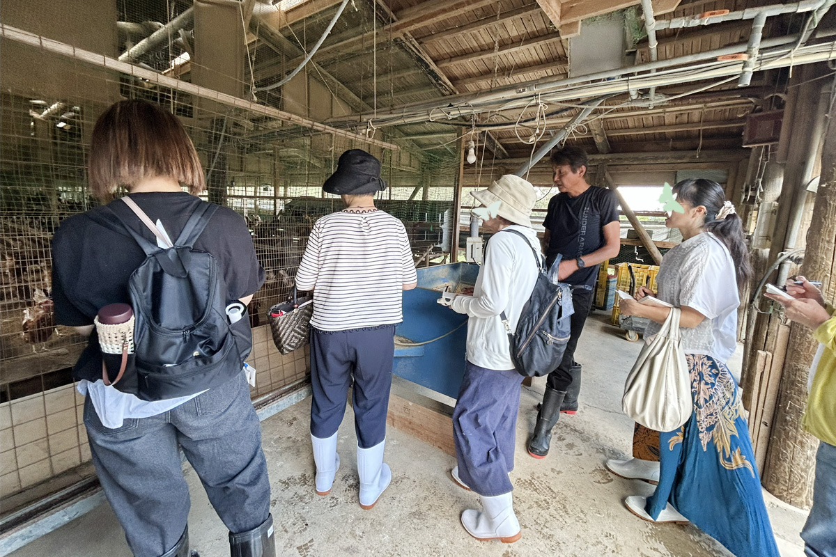 鶏舎で真剣に説明を聞く委員さん