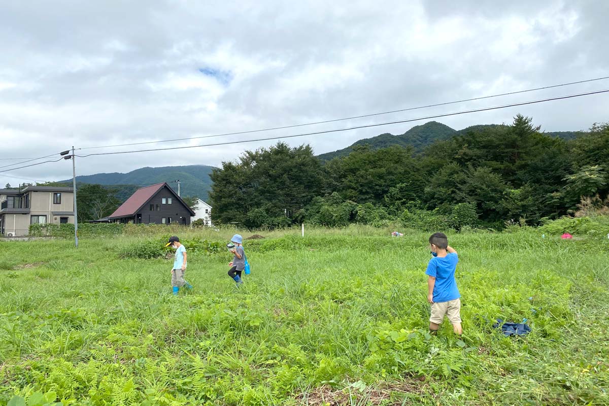 草抜きそっちのけで虫取りをする子供達