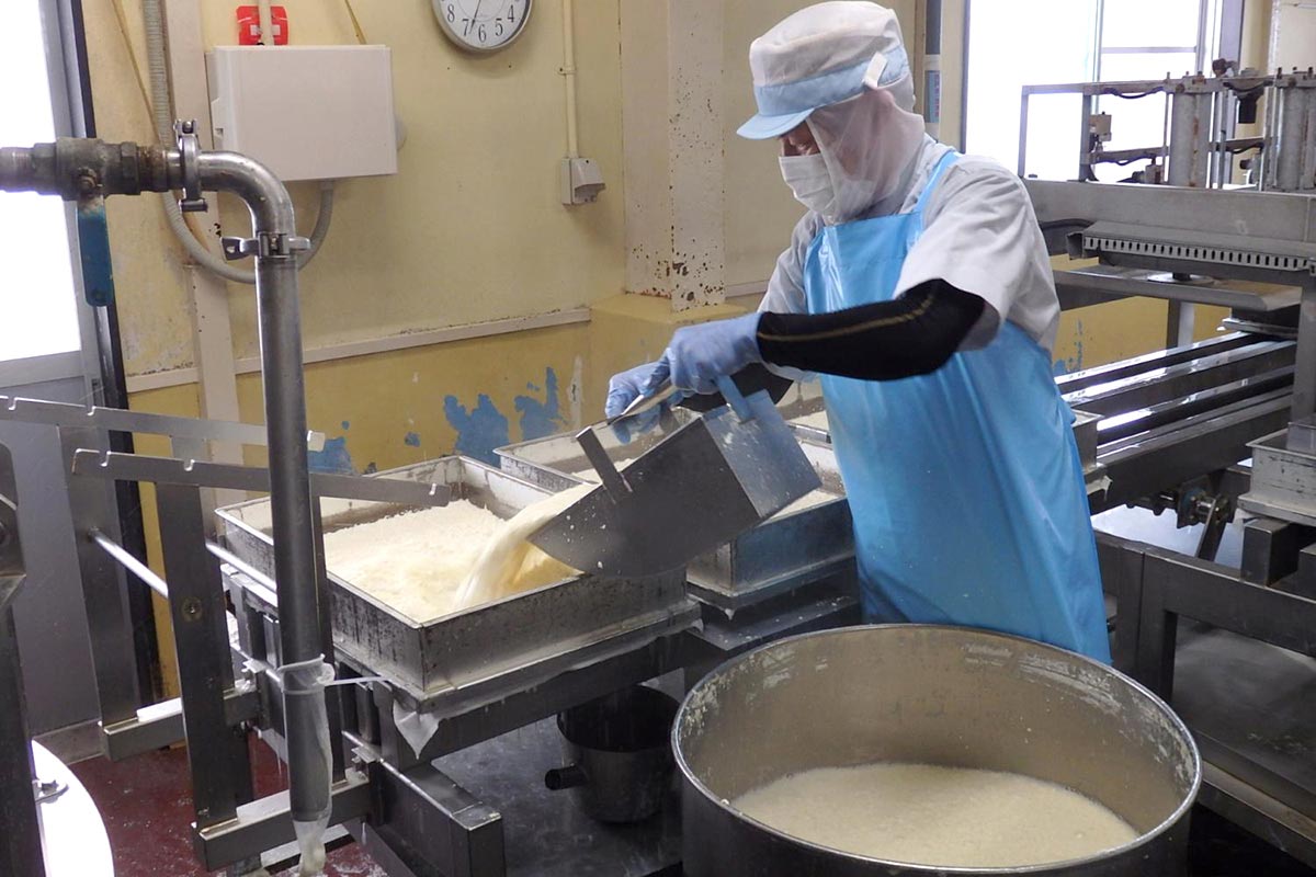 型に手揚げになる豆腐の素・豆乳を流し込む。