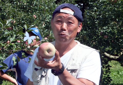 「芯くい虫」にやられたリンゴを見せる天童果実同志会・片桐完一さん