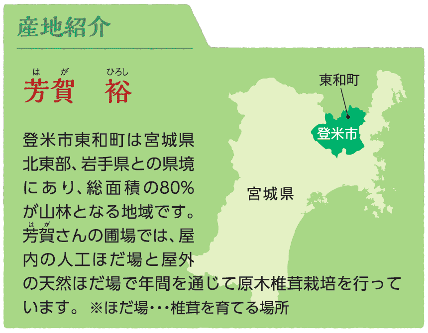 産地紹介。芳賀　裕。登米市東和町は宮城県北東部、岩手県との県境にあり、総面積の80%が山林となる地域です。芳賀さんの圃場では、屋内の人工ほだ場と屋外の天然ほだ場で年間を通じて原木椎茸栽培を行っています。※ほだ場とは、椎茸を育てる場所