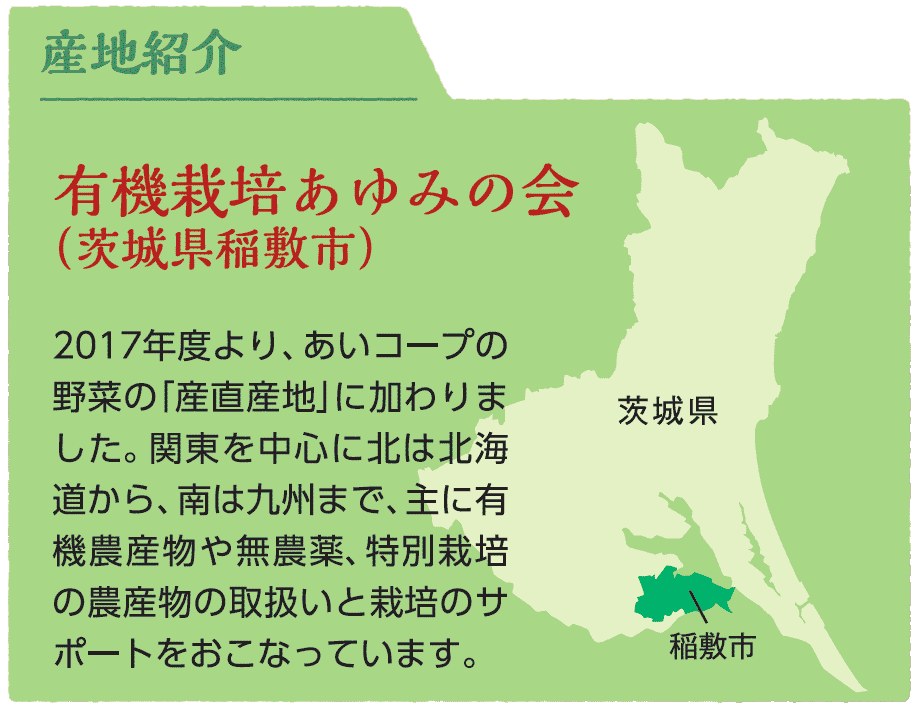 産地紹介。有機栽培あゆみの会（茨城県稲敷市）。2017年度より、あいコープの野菜の「産直産地」に加わりました。関東を中心に北は北海道から、南は九州まで、主に有機農産物や無農薬、特別栽培の農産物の取扱いと栽培のサポートをおこなっています。