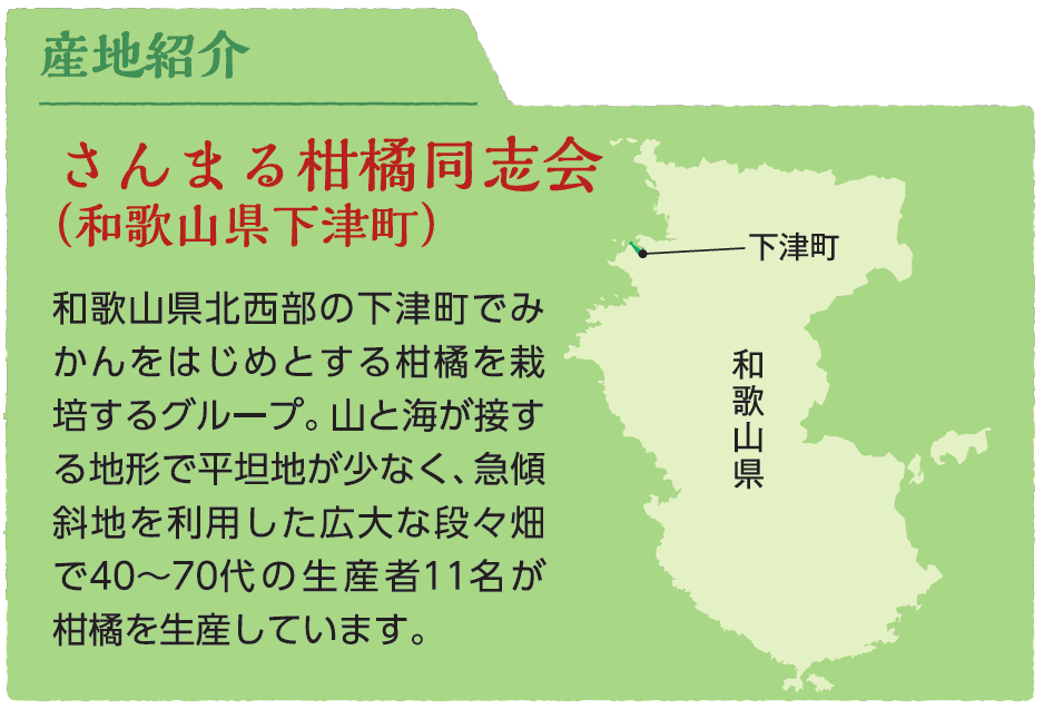 さんまる柑橘同志会（和歌山県下津町）和歌山県北西部の下津町でみかんをはじめとする柑橘を栽培するグループ。山と海が接する地形で平坦地が少なく、急傾斜地を利用した広大な段々畑で40~70代の生産者11名が柑橘を生産しています。