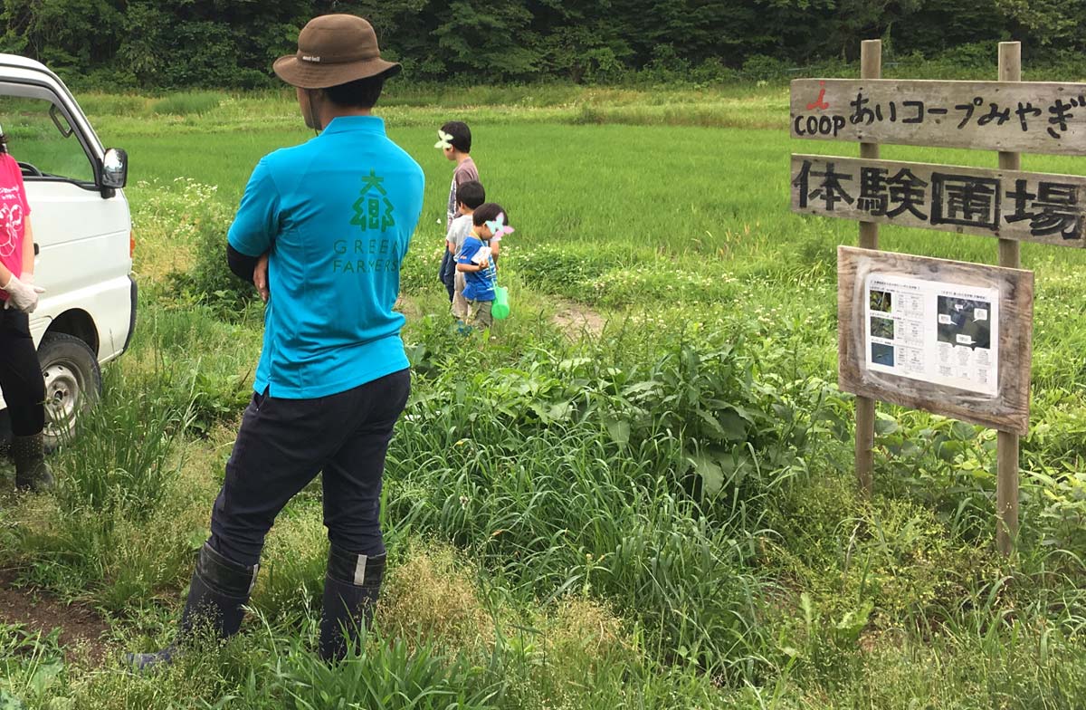 西塚さんの背中には、大郷グリーンファーマーズのマーク